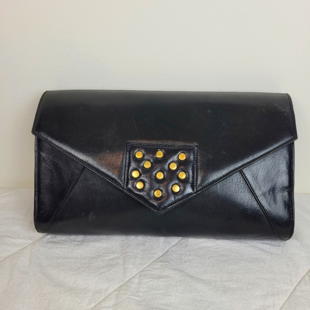 Sandra Roberts Large Black Leather Envelope Style Clutch gold studs on flap edgy